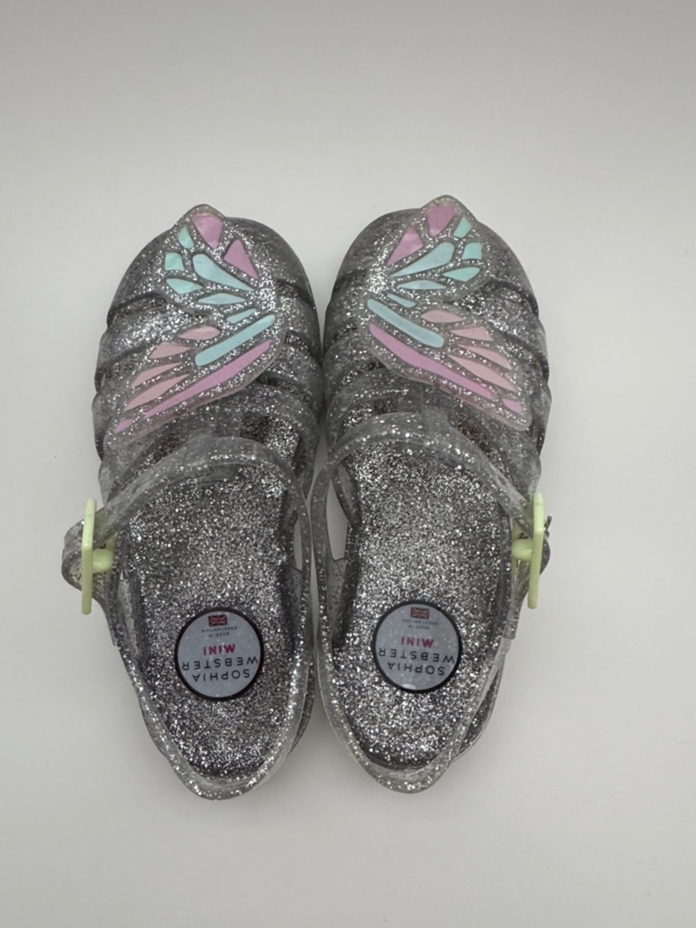 Sophia Webster Silver Glitter Jelly Sandals with Pink and Mint Wings